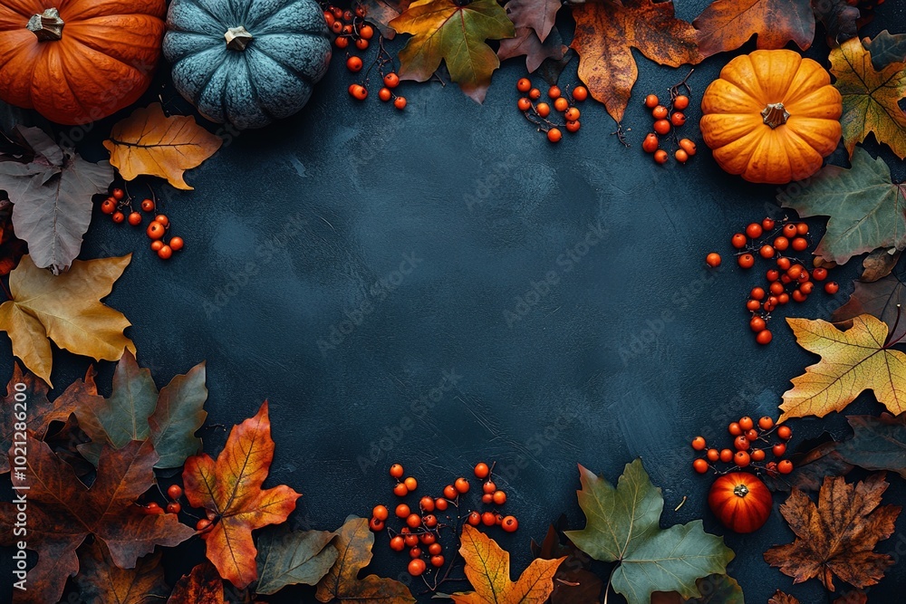 Dark background with copy space in the middle, surrounded by autumn leaves and pumpkins Dark background with copy space in the middle, surrounded by autumn leaves and pumpkins