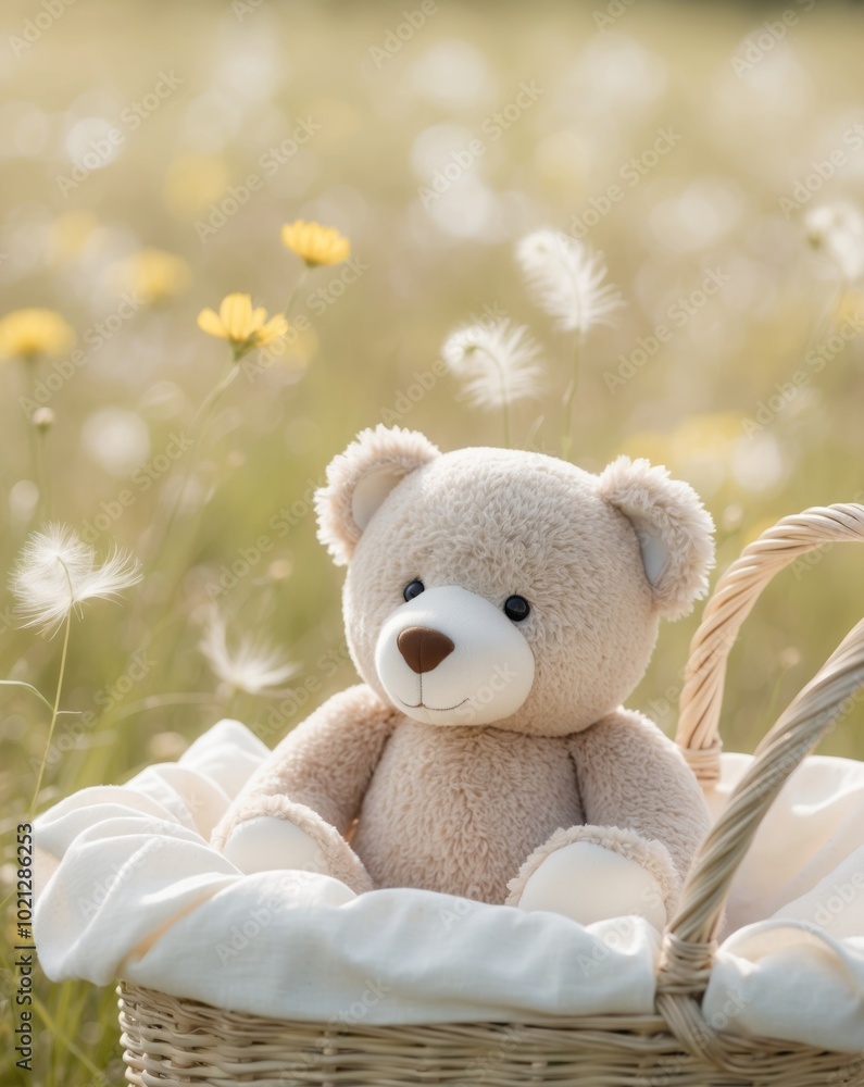 Teddy Bear in a basket on a background of field blur. Teddy Bear in a basket on a background of field blur.