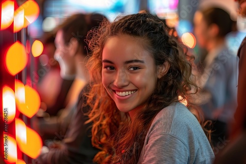 Female Game Developer Smiling as she Works in a Game Development Studio photo