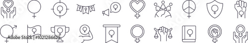Collection of Icons of Gender, Feminism, Solidarity Drawn with Thin Line for apps, web sites, banners, infographics and other types of design