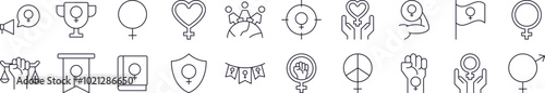 Collection of Icons of Gender, Feminism, Solidarity Drawn with Thin Line for apps, web sites, banners, infographics and other types of design