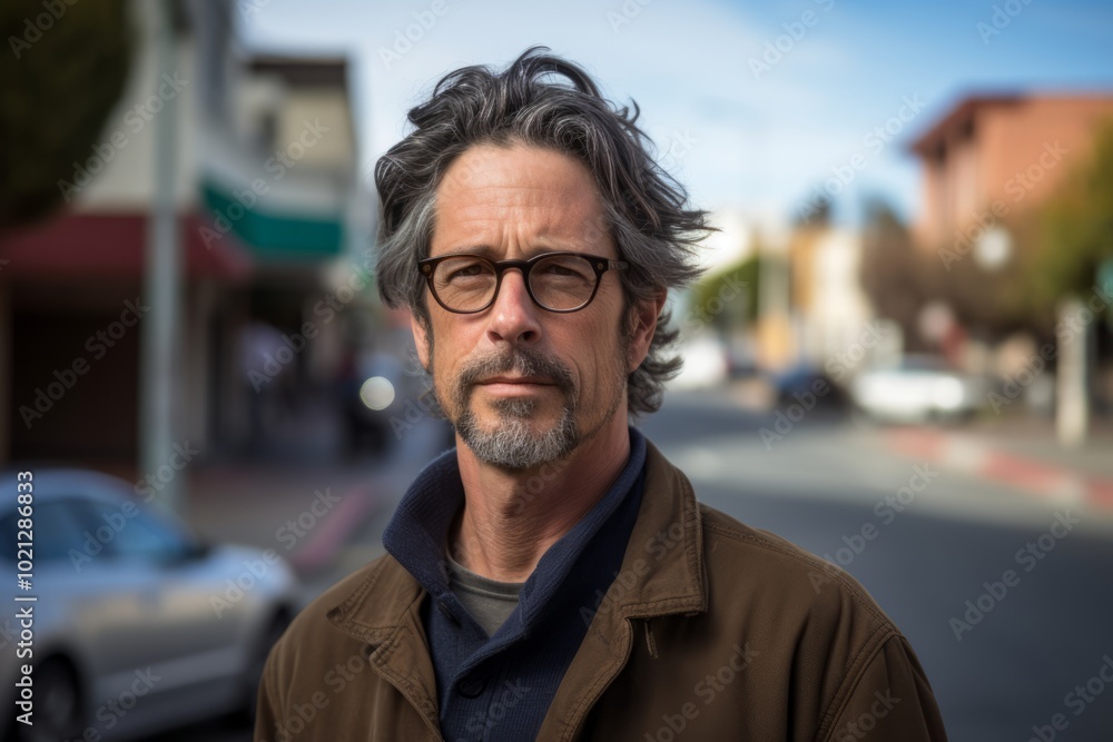 Handsome middle aged man with beard and glasses in urban background Handsome middle aged man with beard and glasses in urban background