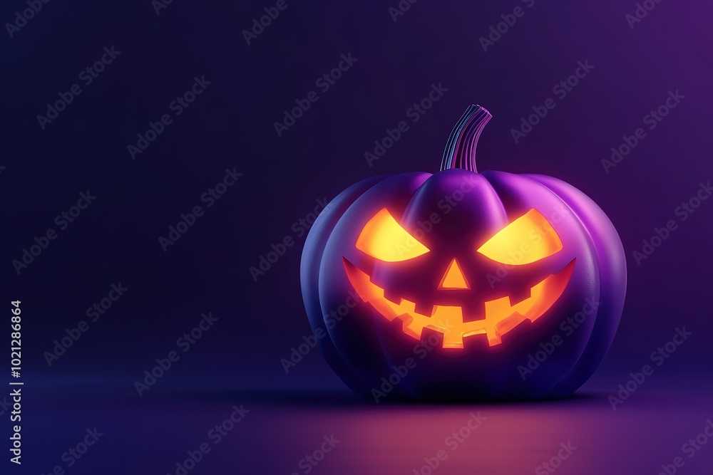Halloween pumpkin glowing in neon light, against a purple background Halloween pumpkin glowing in neon light, against a purple background