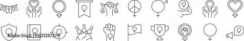 Collection of Outline Symbols of Gender, Feminism, Solidarity Drawn with Thin Line for apps, web sites, banners, infographics and other types of design