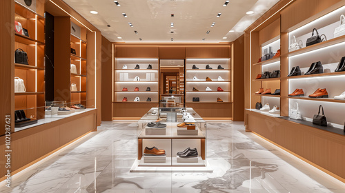 The interior of a luxury men's shoe store with wooden shelves displaying shoes, white marble floors, and a central island counter