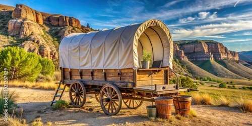 A wooden covered wagon with a canvas top sits in front of a landscape of rolling hills and a blue sky with clouds