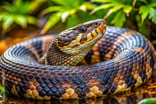 Close-Up of Water Moccasin Snake Showing Distinctive Patterns and Colors in Natural Habitat