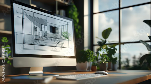 Architectural drawing of house interior displayed on monitor screen in modern office with blurred background with window and green plants in minimalist style.