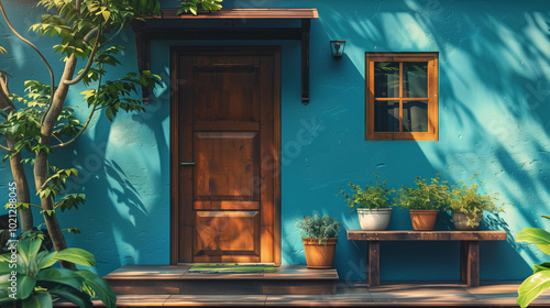 A vintage house  with wooden doors, blue walls, tiled roof, potted plants, and stairs to the entrance. Soft focus and retro tones create a nostalgic, peaceful mood