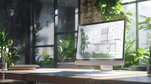 Architectural drawing of house interior displayed on monitor screen in modern office with blurred background with window and green plants in minimalist style.