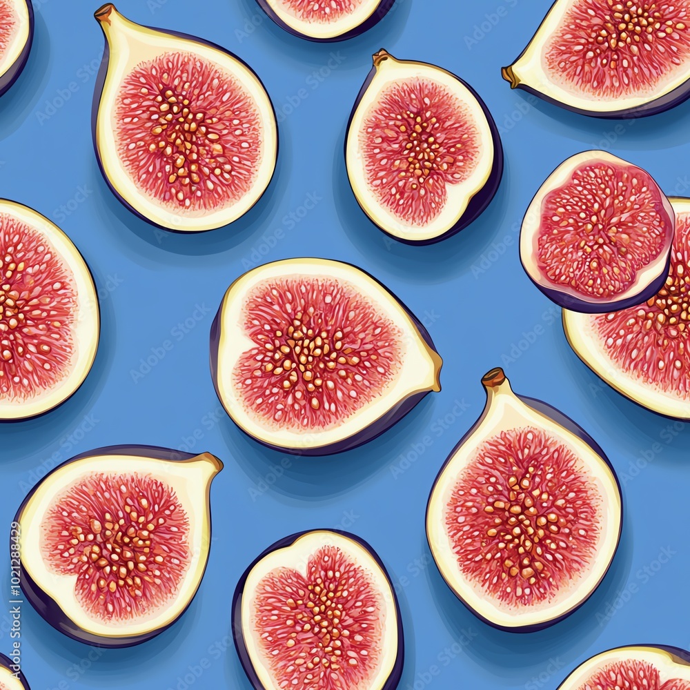 Vector illustration of fig slices, sapphire pastel background, top down view Vector illustration of fig slices, sapphire pastel background, top down view