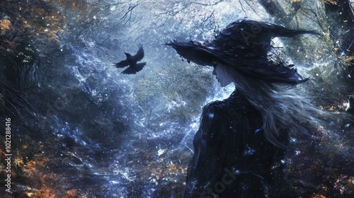 Enigmatic witch in the forest, accompanied by a raven, wearing a black hat, with magical energy swirling around her.