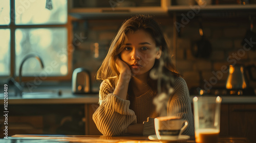 A beautiful girl in an oversized sweater sits at a table with steaming coffee in the sunlight. Her messy hair complements the cozy kitchen background, giving the photo a cinematic feel
