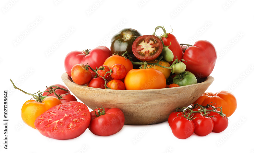 Different ripe tomatoes in bowl isolated on white Different ripe tomatoes in bowl isolated on white