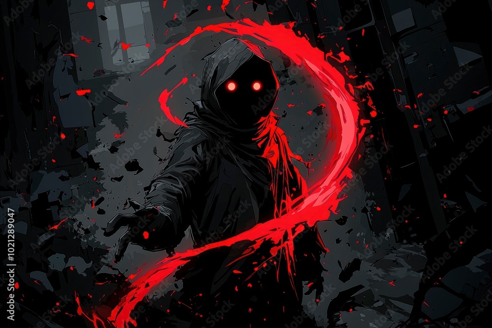 Naklejka premium Dark Figure with Red Glowing Eyes and a Trail of Energy