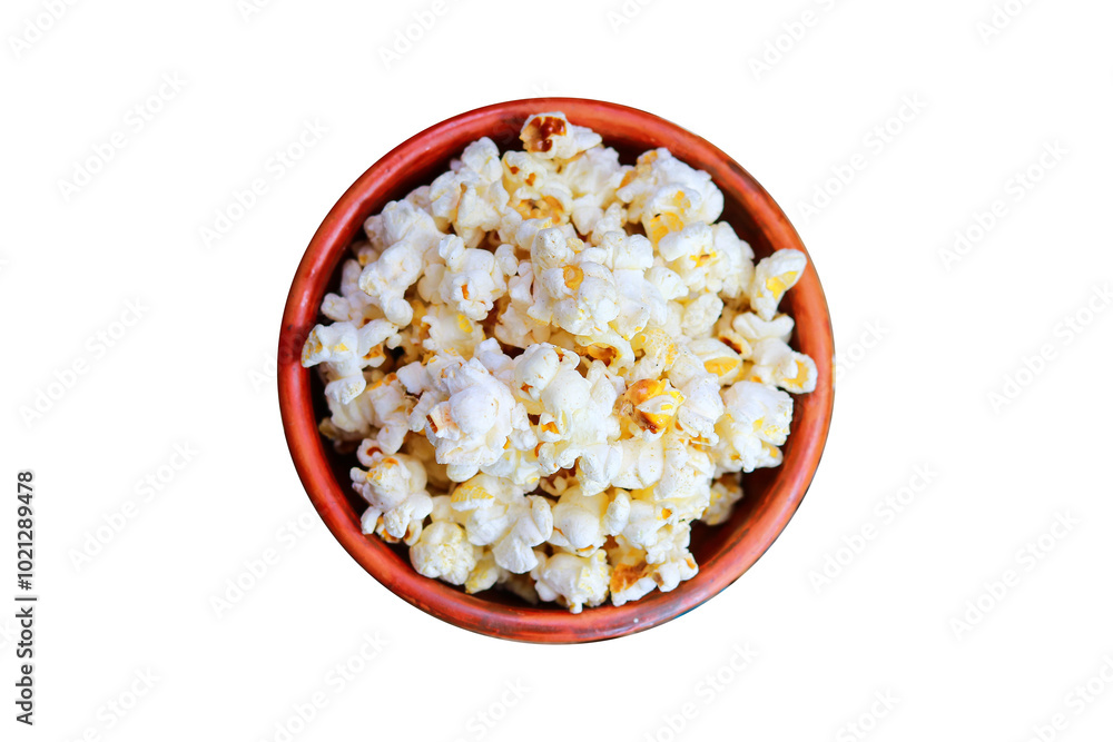 Pop corn in a clay bowl isolated on a white background top view Pop corn in a clay bowl isolated on a white background top view