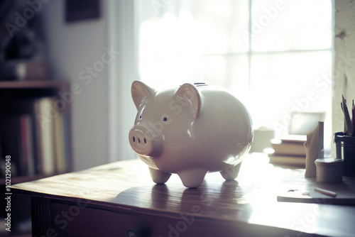 A classic piggy bank sits on a rustic wooden desk in a cozy room, bathed in soft, natural light. The scene reflects a timeless approach to saving money and frugal living