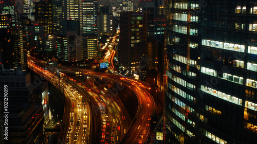 Night in the big city, with illuminated skyscrapers and busy traffic on the streets below.