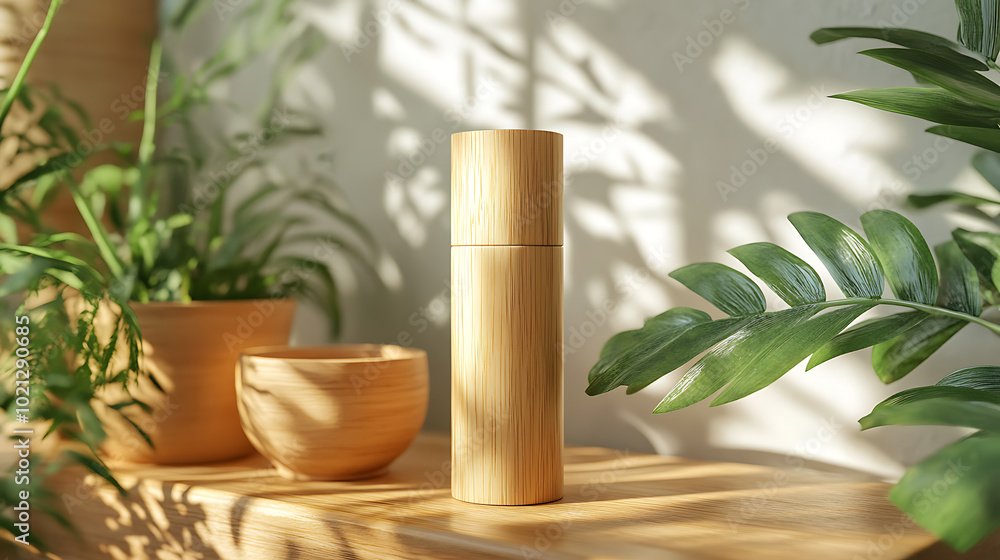 A wooden bottle with a natural, minimalist design sits on a wooden table with potted plants. The sunlight casts warm shadows on the surface. A wooden bottle with a natural, minimalist design sits on a wooden table with potted plants. The sunlight casts warm shadows on the surface.