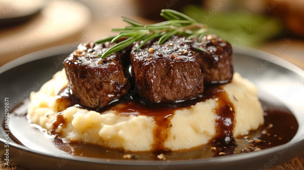 Two pan-seared beef medallions with a rosemary garnish, resting on mashed potatoes and drizzled with a rich brown sauce. Two pan-seared beef medallions with a rosemary garnish, resting on mashed potatoes and drizzled with a rich brown sauce.