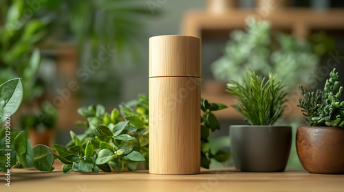 A wooden container with a natural, earthy feel, surrounded by lush green plants. This image evokes a sense of calmness and wellness.