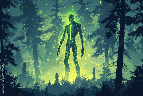 A Glowing Figure Stands Tall in a Mysterious Forest