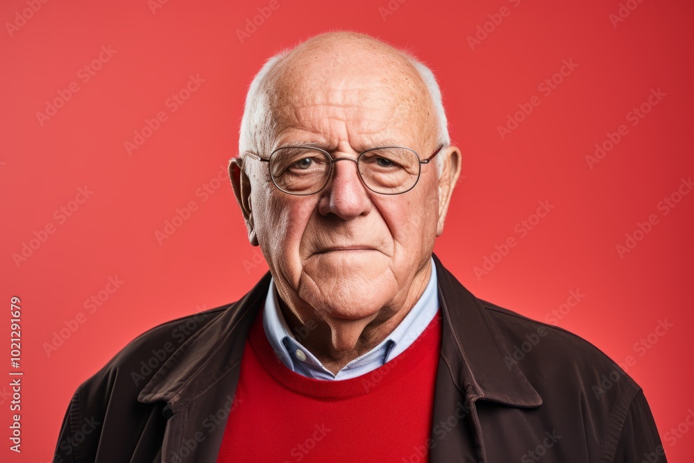 Portrait of an old man with glasses on a red background. Portrait of an old man with glasses on a red background.