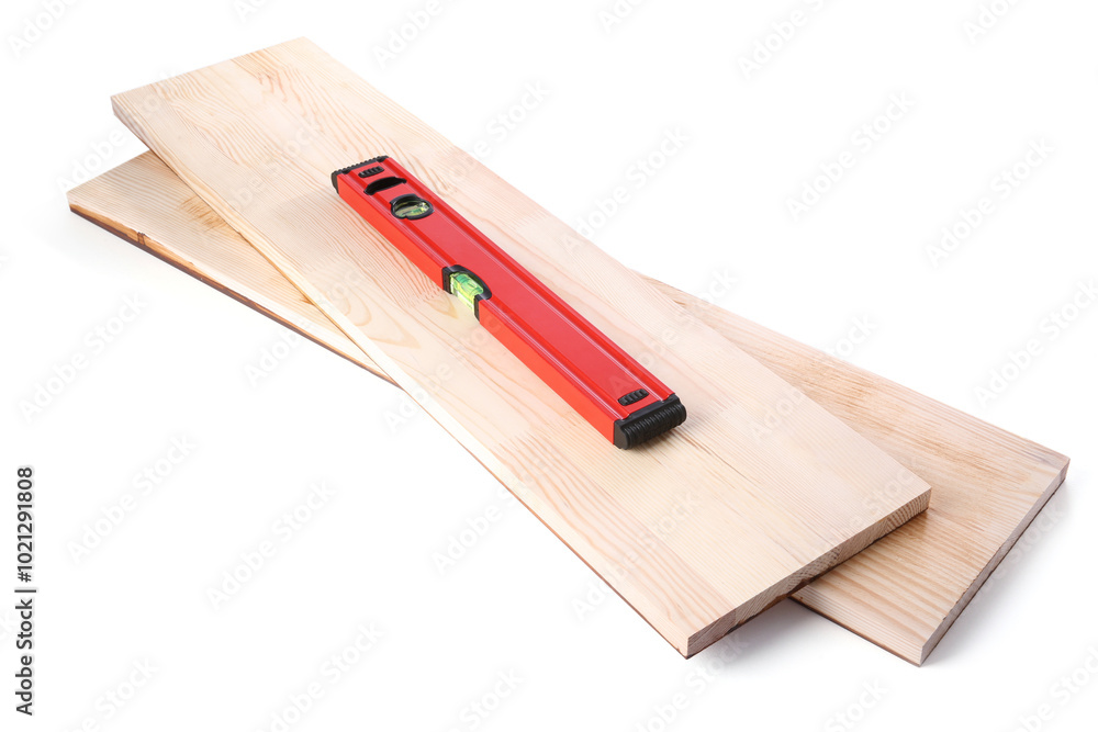 Wooden planks and building level isolated on white. Construction tools Wooden planks and building level isolated on white. Construction tools
