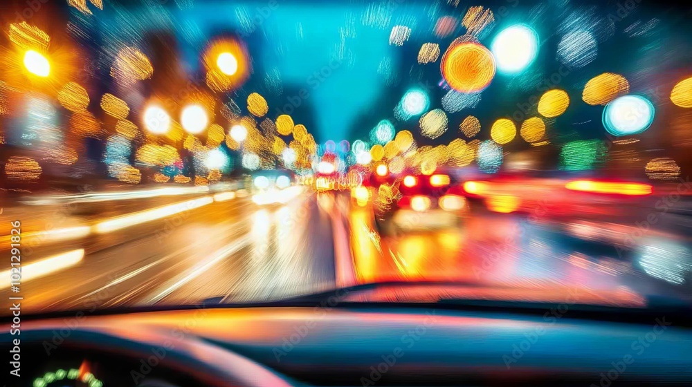 A blurry image captures the interior of a car, with bokeh lights from streetlights creating a dreamy effect. A blurry image captures the interior of a car, with bokeh lights from streetlights creating a dreamy effect.