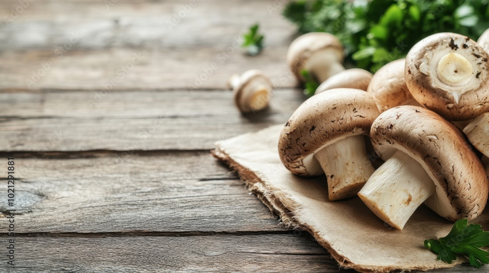 Fresh mushrooms like portobello and displayed close-up on a rustic wooden surface, with ample space for text in the background. Fresh mushrooms like portobello and displayed close-up on a rustic wooden surface, with ample space for text in the background.