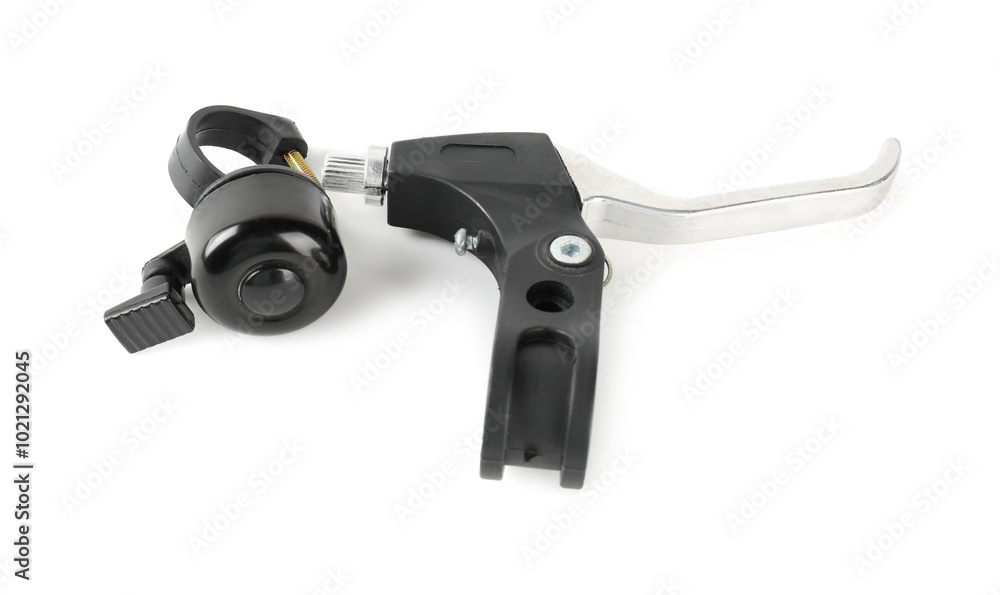 Bicycle front brake lever and bell isolated on white Bicycle front brake lever and bell isolated on white