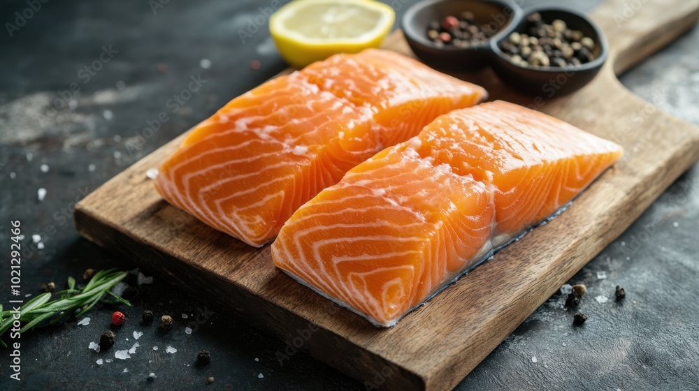 Fresh raw salmon fillets on a rustic cutting board, ready for gourmet seafood dishes and healthy meals. Fresh raw salmon fillets on a rustic cutting board, ready for gourmet seafood dishes and healthy meals.