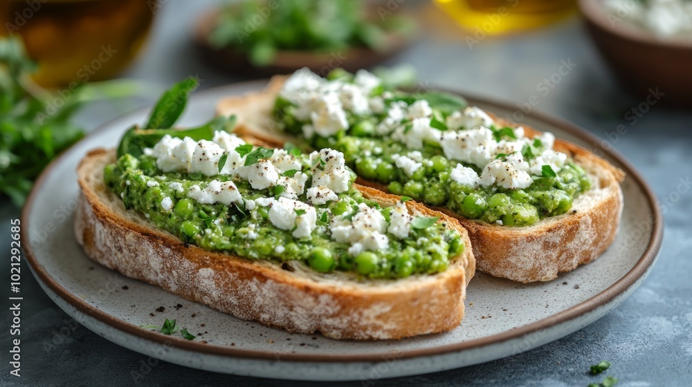 Two slices of toasted bread topped with a green pea and feta cheese spread. Two slices of toasted bread topped with a green pea and feta cheese spread.