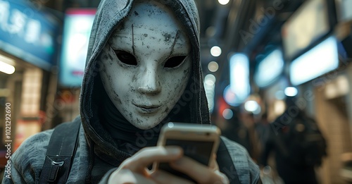 hacker in a white mask and black hoodie is holding a cell phone. Scammer concept. anonymity. AI generated