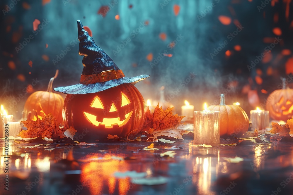 Fototapeta premium Halloween pumpkins with candles, spooky background, Halloween-themed, high-contrast, and warm lighting, photorealistic