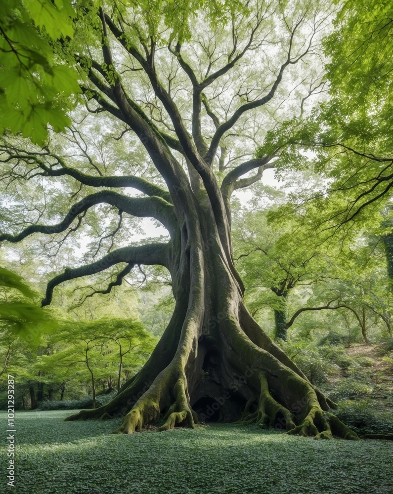 Lush green forest brimming with leaves and a massive tree trunk. Lush green forest brimming with leaves and a massive tree trunk.