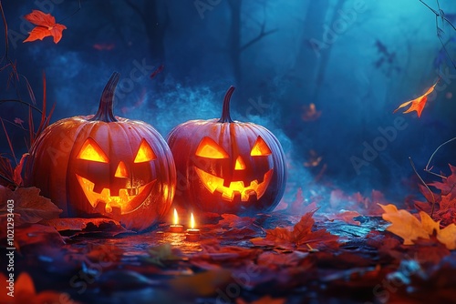 Halloween pumpkins with candles, spooky background, Halloween-themed, high-contrast, and warm lighting, photorealistic