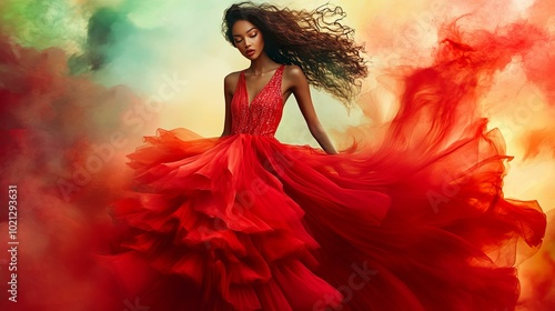 Woman in Red Gown with Flowing Fabric and Smoky Background photo