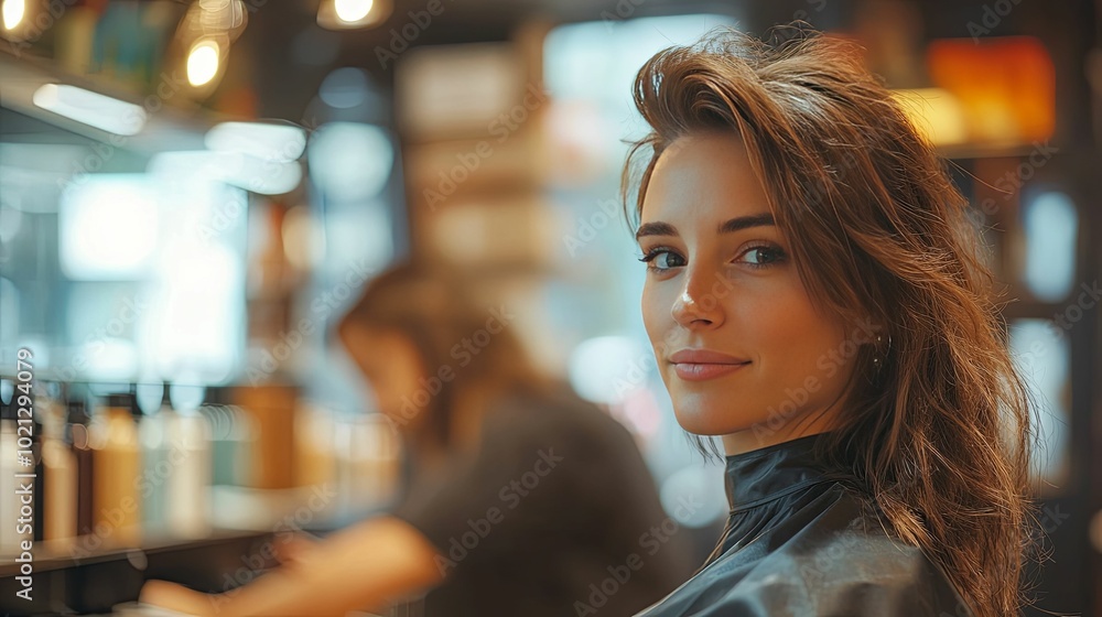 Young Woman with Brown Hair Looking Over Shoulder in Salon Young Woman with Brown Hair Looking Over Shoulder in Salon
