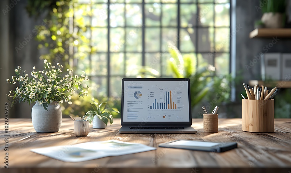 A serene workspace featuring a laptop with charts, nestled among greenery, evoking productivity and creativity. A serene workspace featuring a laptop with charts, nestled among greenery, evoking productivity and creativity.