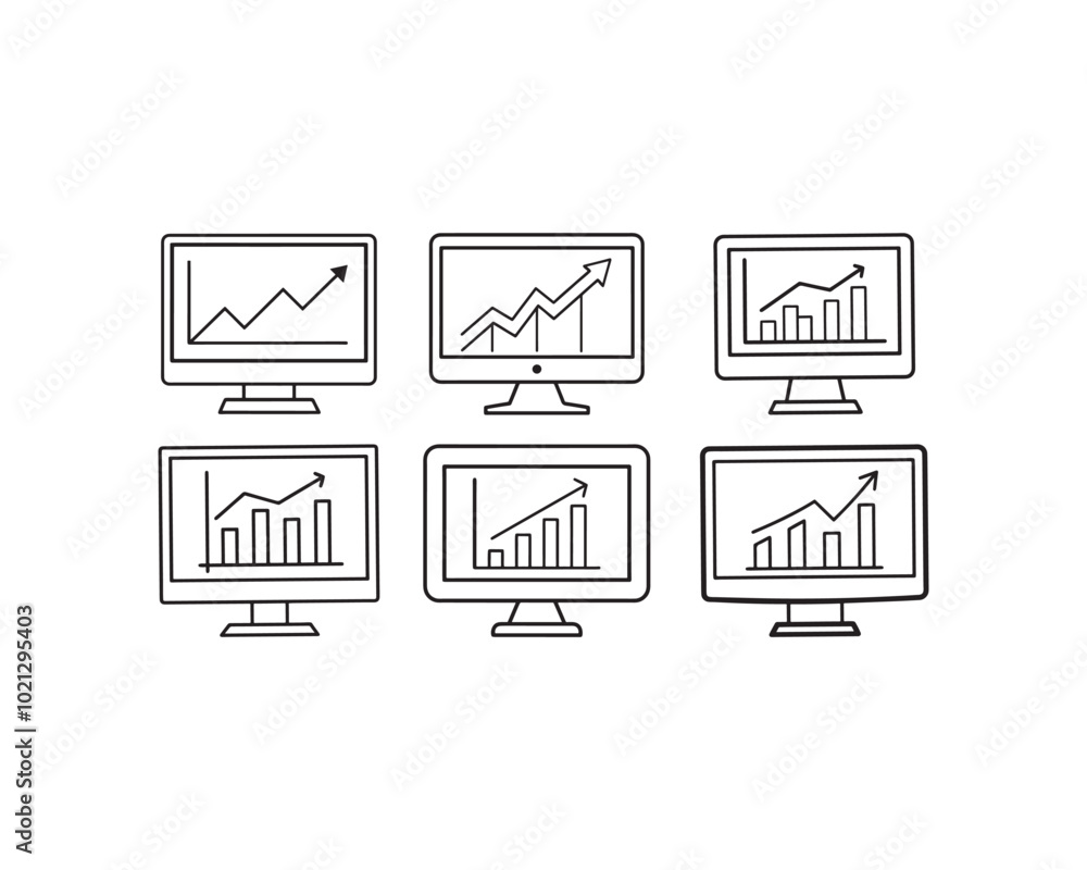 computer monitor and business graph icon vector. Black and white icon of a computer monitor displaying a rising bar graph. computer monitor and business graph icon vector. Black and white icon of a computer monitor displaying a rising bar graph.