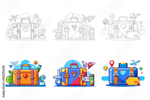 Colorful Luggage with Travel Icons for Vacation Planning