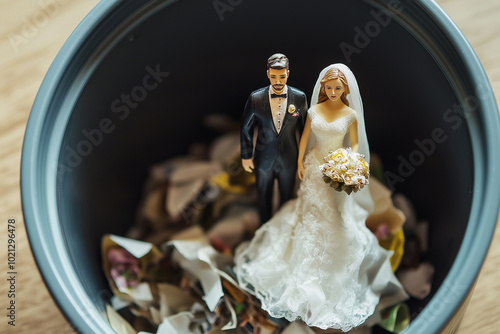 Bride and groom wedding cake figurines inside the trash bin. Couple breaking up a relation, marriage clash. Divorce and separation concept, end of relationships, marriage annulment, divorce process photo