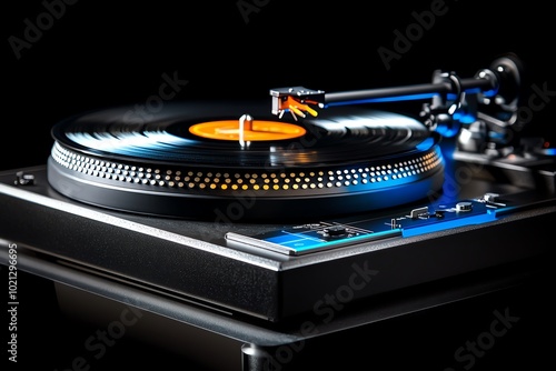 Hyper-realistic close-up of a vinyl record spinning on a turntable, with intricate details of the grooves and needle, symbolizing the music culture of yesterday