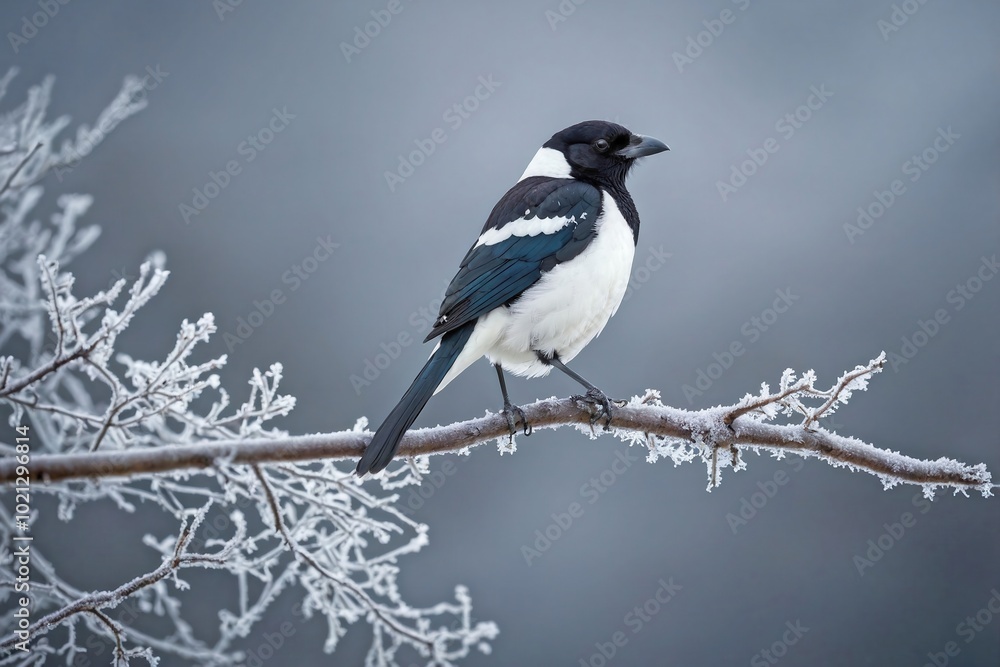 Magpie Perched on a Frosty Branch in Winter Magpie Perched on a Frosty Branch in Winter