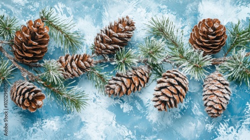 Frost-touched pine cones and green branches on a cool icy blue background, offering a peaceful winter holiday decor scene.