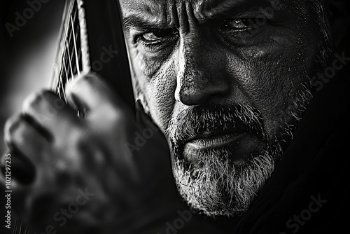 Black-and-White Close-Up of an Oud Player Performing at the Jerusalem Oud Festival with an Intense Expression photo