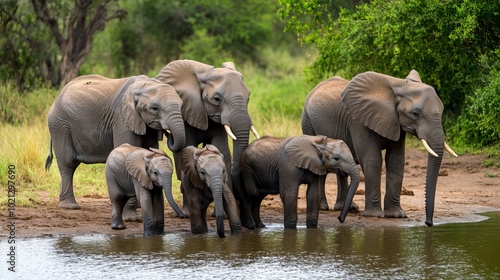 A family of adult and juvenile African elephants gathers at a water source in Kruger National Park, South Africa. The elephants are drinking water and enjoying the shade. 