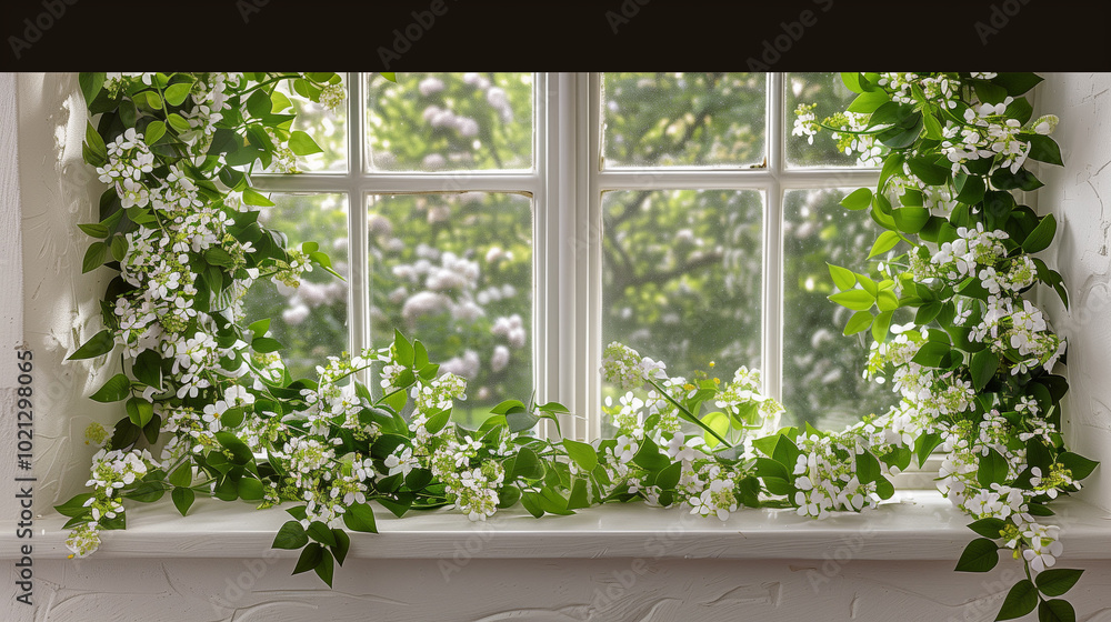 Fototapeta premium A charming white window framed by lush greenery and blooming white flowers, providing a delightful glimpse of the garden outside