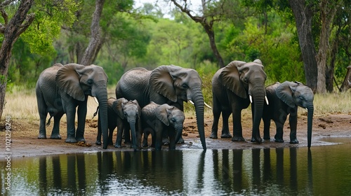 A family of adult and juvenile African elephants gathers at a water source in Kruger National Park, South Africa. The elephants are drinking water and enjoying the shade. 